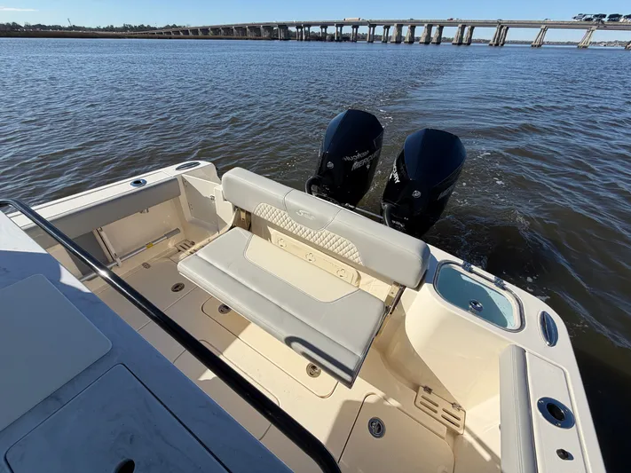  Yacht Photos Pics 2025 Scout 260 LXF boat with dual engines on the water.