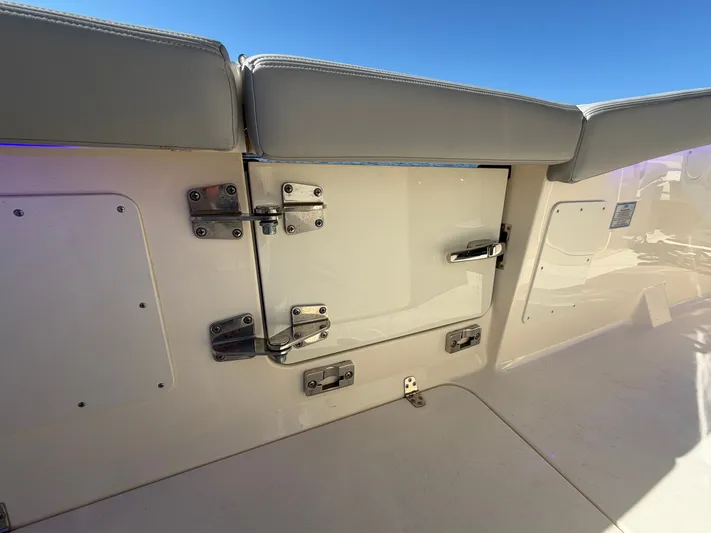  Yacht Photos Pics Interior view of 2025 Scout 260 LXF with upholstery and fittings.