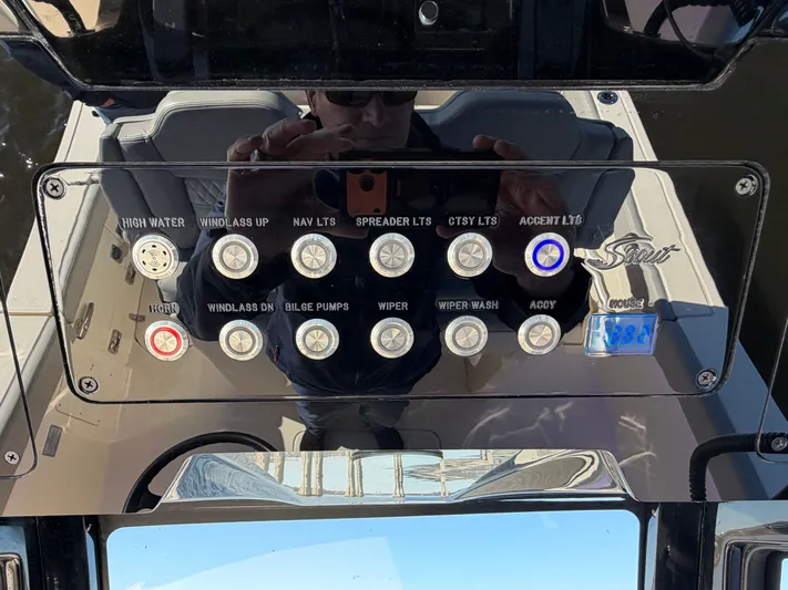  Yacht Photos Pics 2025 Scout 260 LXF control panel with various switches.