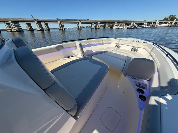  Yacht Photos Pics Interior view of 2025 Scout 260 LXF boat on the water.