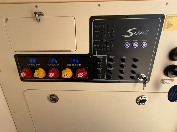  Yacht Photos Pics Scout 260 LXF 2025 boat control panel with battery management.