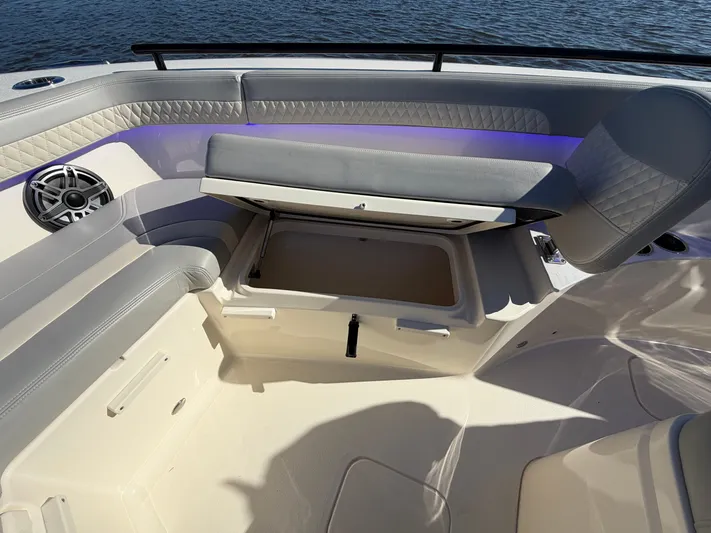  Yacht Photos Pics Interior of 2025 Scout 260 LXF with seating and storage.