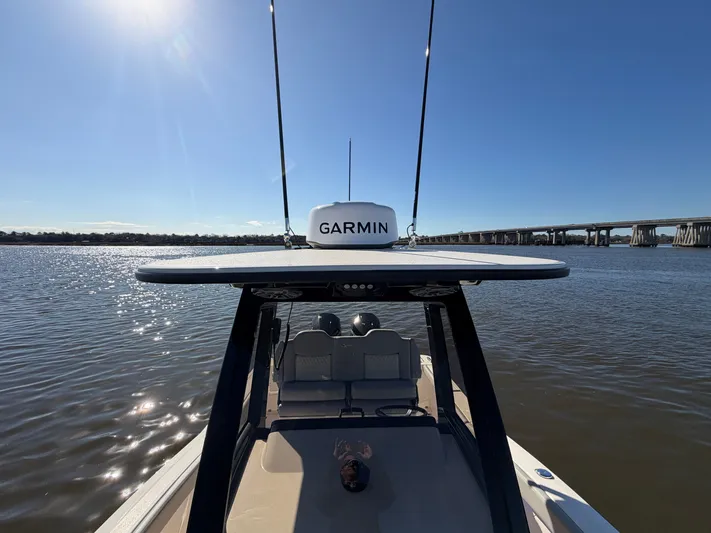  Yacht Photos Pics Scout 260 LXF 2025 on calm water with Garmin equipment.