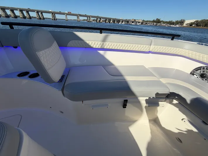  Yacht Photos Pics Interior of 2025 Scout 260 LXF with seating area and water view.