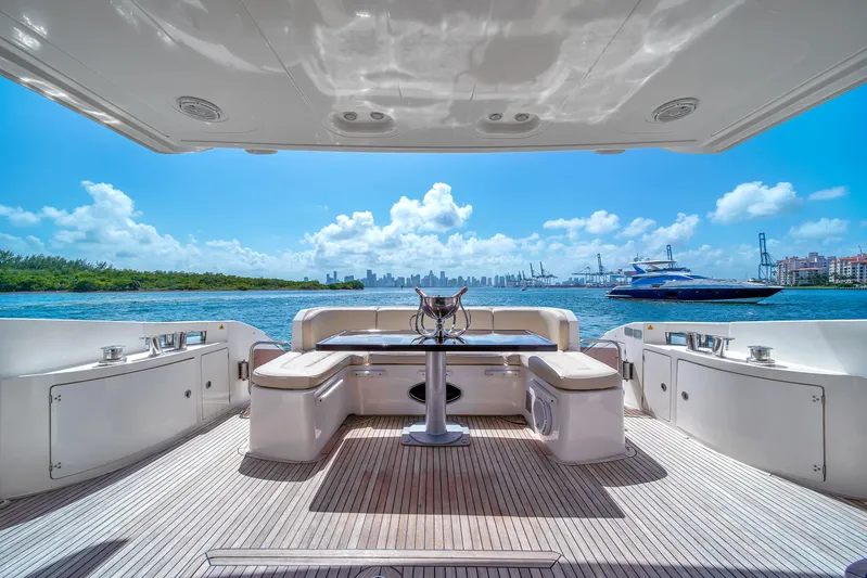  Yacht Photos Pics Luxurious 2012 Azimut 64 Flybridge yacht deck with ocean view and city skyline.