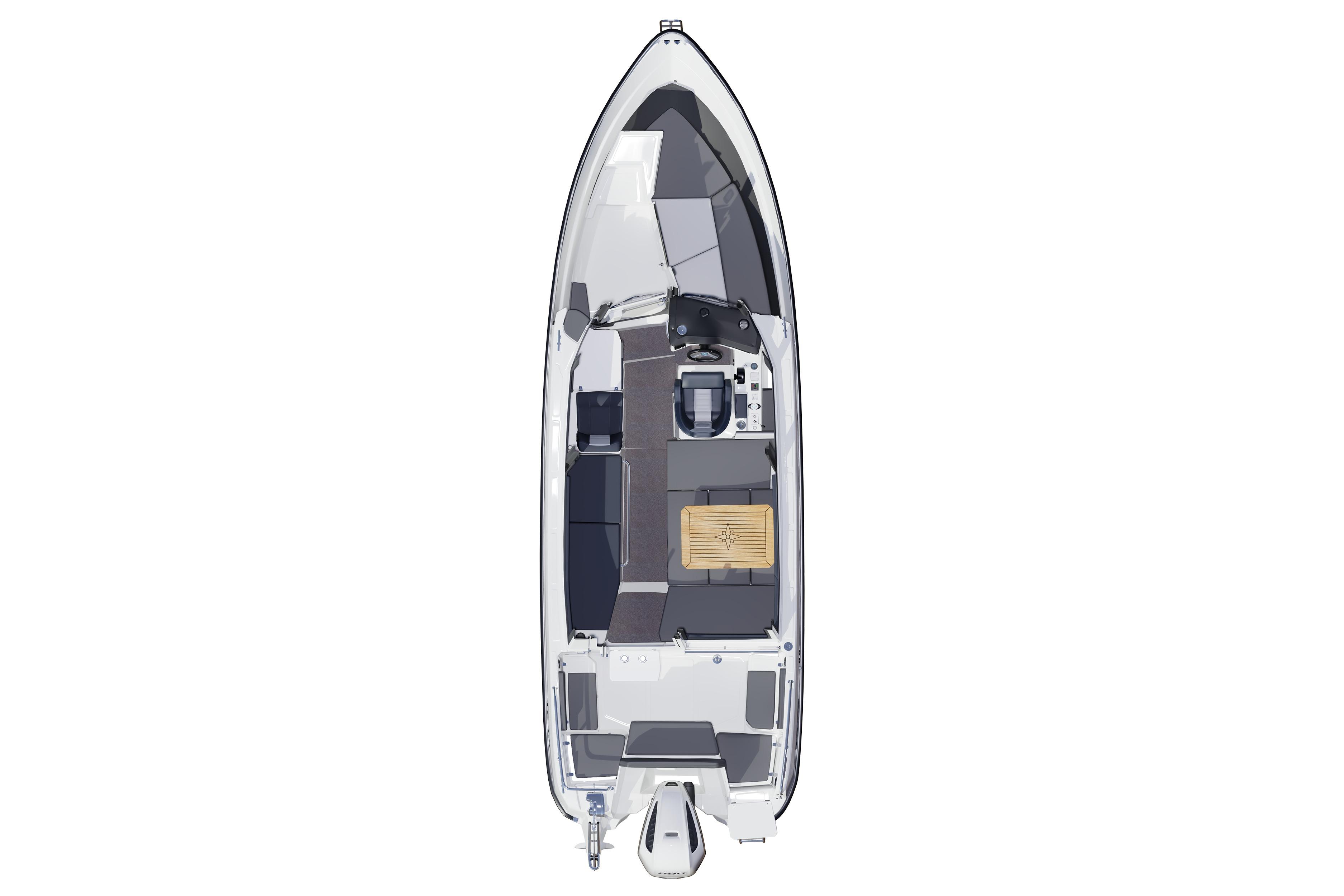 Top view of 2025 TG 7.9 Supreme boat, showcasing sleek design and spacious layout.