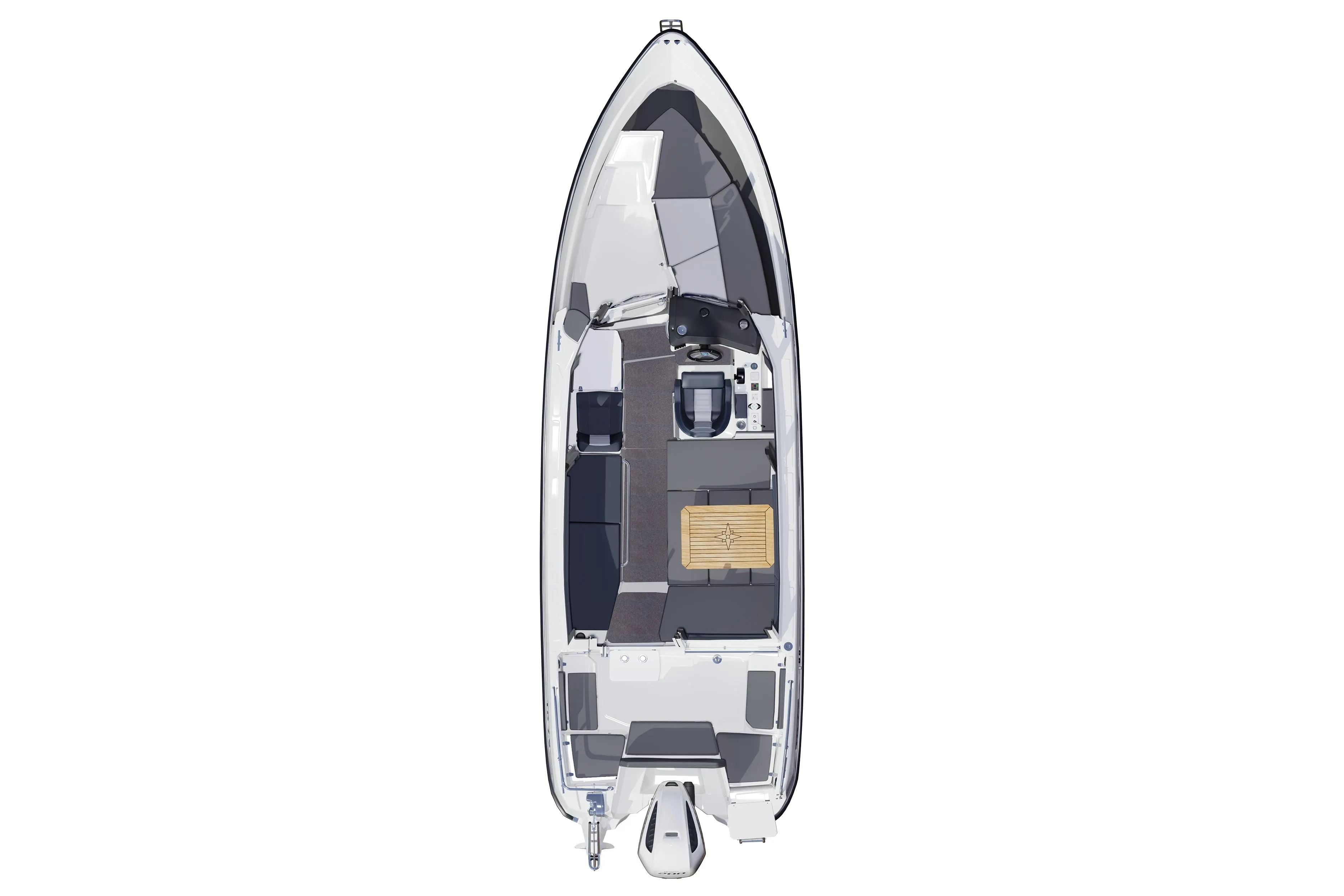 Top view of 2025 TG 7.9 Supreme boat, showcasing sleek design and spacious layout.