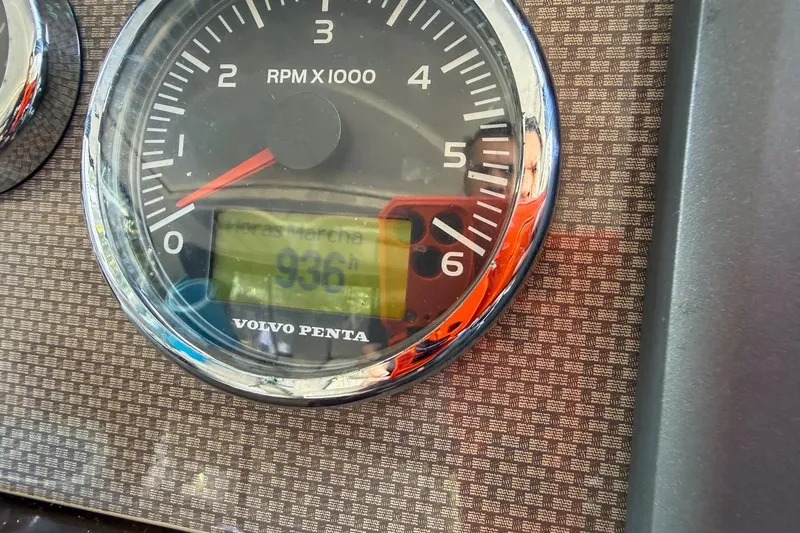 Sophia Yacht Photos Pics Close-up of a Volvo Penta RPM gauge on a 2015 Regal 38 Express boat.