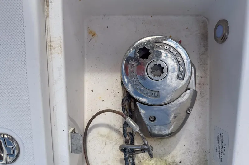 Sophia Yacht Photos Pics Lewmar windlass on 2015 Regal 38 Express boat, showing anchor chain mechanism.