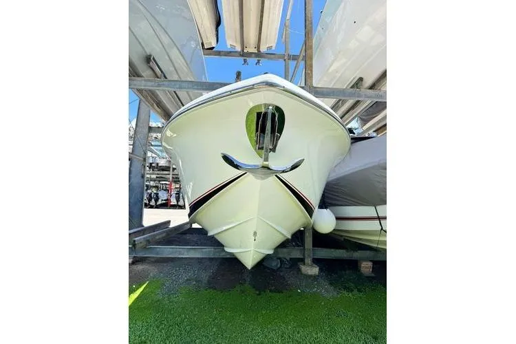No Name Yacht Photos Pics 2019 Nor-Teck 390 Sport Center Console boat in storage, front view.