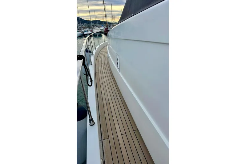  Yacht Photos Pics Side deck view of 2008 Sanlorenzo 62 yacht with wooden flooring.