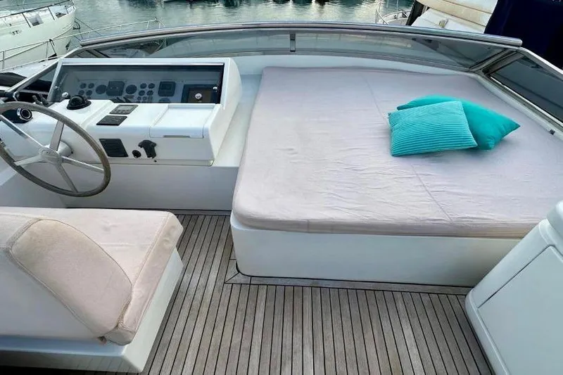  Yacht Photos Pics 2008 Sanlorenzo 62 yacht deck with helm, seating, and sunbed.