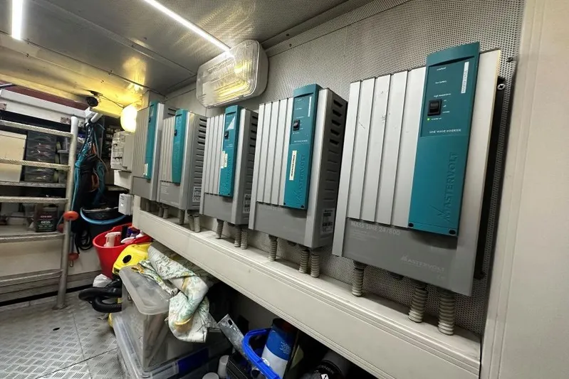  Yacht Photos Pics Electrical equipment room on a 2008 Sanlorenzo 62 yacht, featuring Mastervolt inverters.