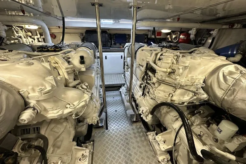  Yacht Photos Pics Engine room of 2008 Sanlorenzo 62 yacht, featuring dual powerful engines.