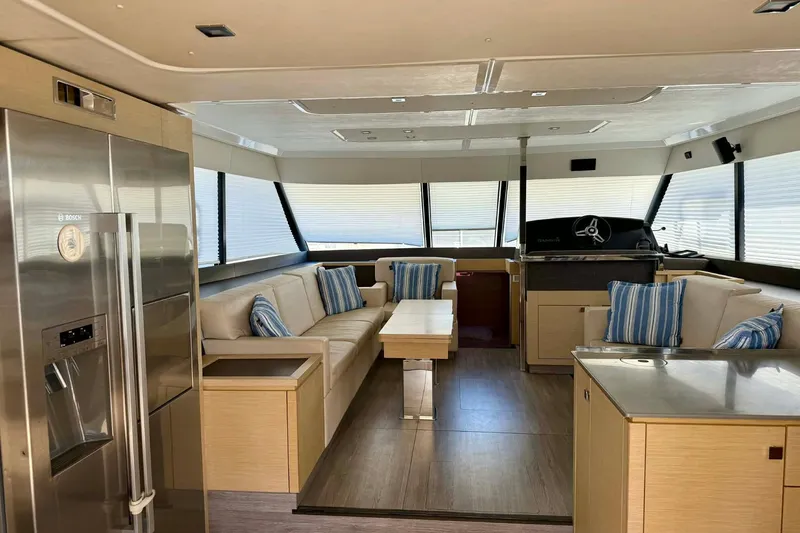  Yacht Photos Pics Luxurious interior of 2020 Fountaine Pajot MY 44 yacht with modern furnishings.