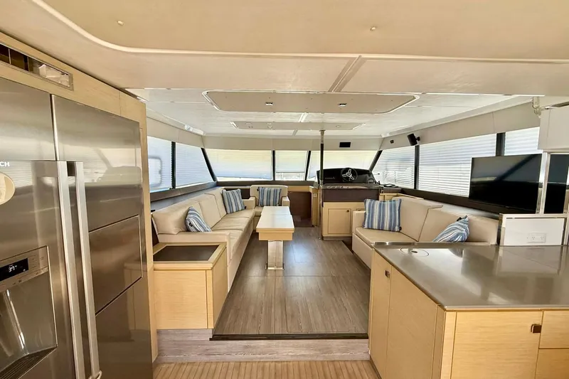  Yacht Photos Pics Luxurious interior of 2020 Fountaine Pajot MY 44 yacht with modern furnishings.
