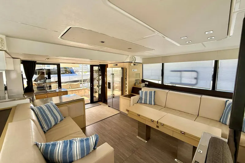  Yacht Photos Pics Luxurious interior of 2020 Fountaine Pajot MY 44 yacht with spacious seating and modern design.