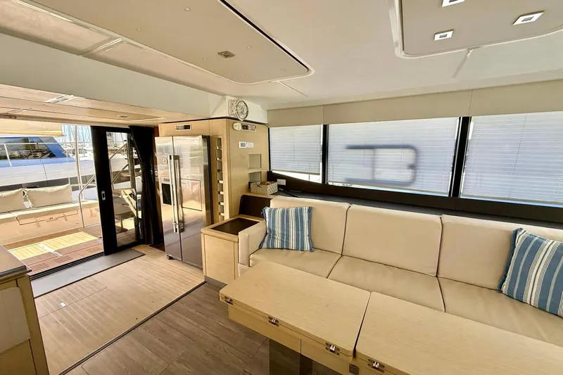  Yacht Photos Pics Luxurious interior of 2020 Fountaine Pajot MY 44 yacht with modern furnishings.