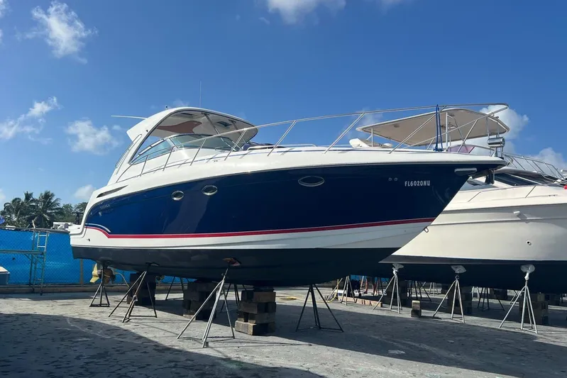  Yacht Photos Pics 2009 Formula 37 Performance Cruiser on stands under a clear blue sky.