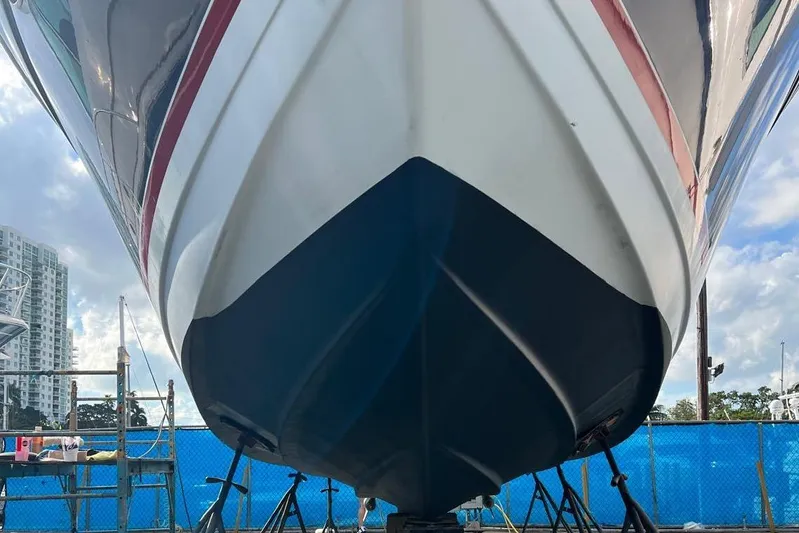  Yacht Photos Pics 2009 Formula 37 Performance Cruiser boat hull in dry dock, viewed from below.