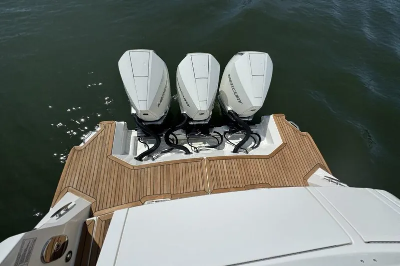  Yacht Photos Pics 2020 Sea Ray Sundancer 320 Outboard with triple Mercury engines on teak deck.