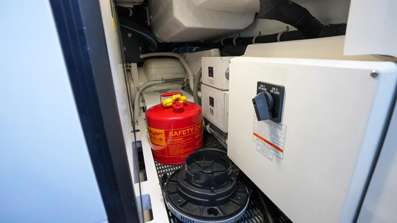  Yacht Photos Pics Engine room of 2024 Hatteras GT70 yacht with safety equipment and control panel.