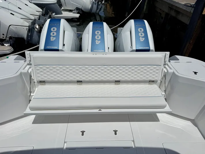  Yacht Photos Pics 2026 Intrepid 438 Evolution boat with Mercury 400 engines and quilted seating.