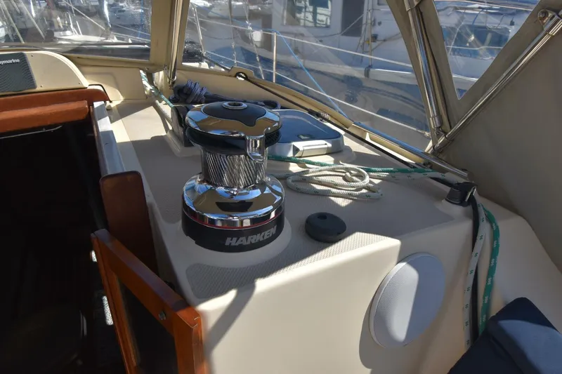 Offline Yacht Photos Pics 2019 Island Packet 349 sailboat cockpit with Harken winch and ropes.