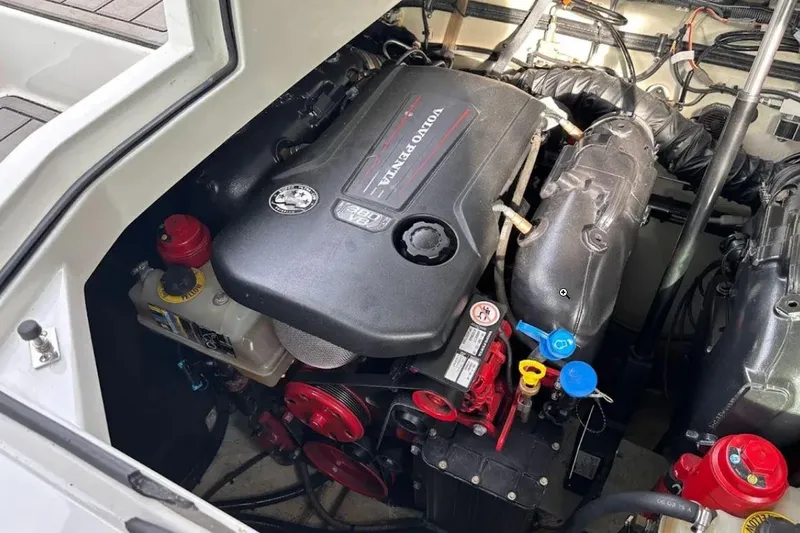  Yacht Photos Pics Engine compartment of a 2019 Cobalt A36 boat featuring a Volvo Penta engine.