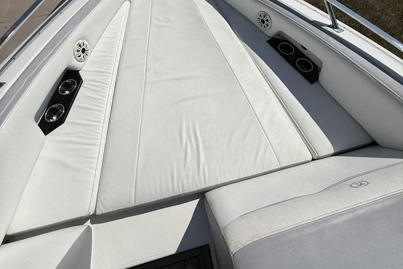  Yacht Photos Pics Luxurious seating area on 2019 Cobalt A36 boat with cup holders and speakers.
