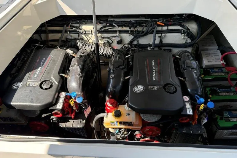  Yacht Photos Pics Engine compartment of a 2019 Cobalt A36 boat with dual Volvo Penta engines.