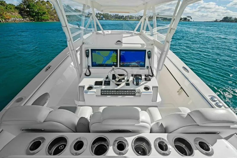 Ohana Yacht Photos Pics 2019 Invincible 42 Open Fisherman boat cockpit with dual navigation screens.