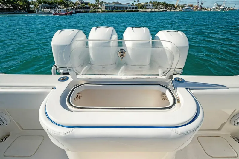 Ohana Yacht Photos Pics 2019 Invincible 42 Open Fisherman boat with open livewell and quad outboard engines.