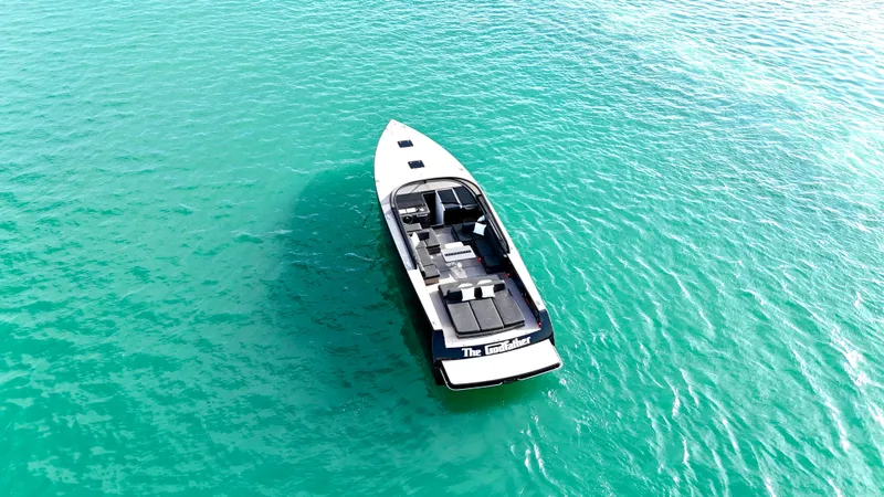 The Godfather Yacht Photos Pics VanDutch 55 yacht from 2014 on clear turquoise water, aerial view.