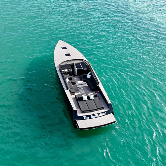 The Godfather Yacht Photos Pics VanDutch 55 yacht from 2014 on turquoise water, aerial view.