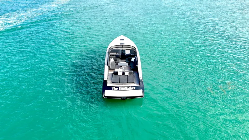 The Godfather Yacht Photos Pics VanDutch 55 yacht from 2014 on clear turquoise water, aerial view.