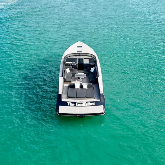 The Godfather Yacht Photos Pics VanDutch 55 yacht from 2014 on clear turquoise water, aerial view.