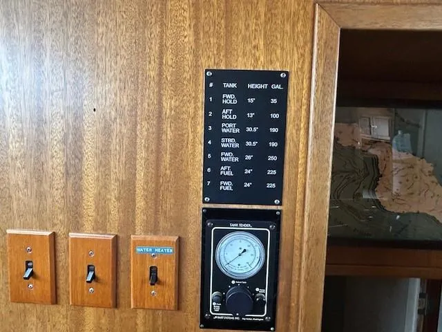 Day Light Yacht Photos Pics Control panel on 1968 Hatteras 58 CPMY yacht with tank gauge and switches.