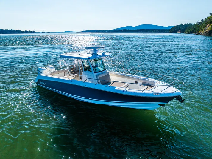  Yacht Photos Pics 2017 Boston Whaler 330 Outrage boat on scenic water with distant hills.