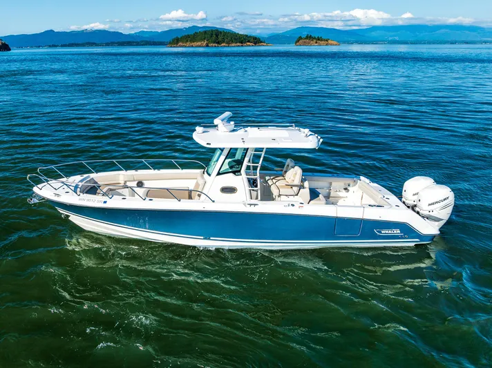  Yacht Photos Pics 2017 Boston Whaler 330 Outrage boat on calm blue water with scenic island background.