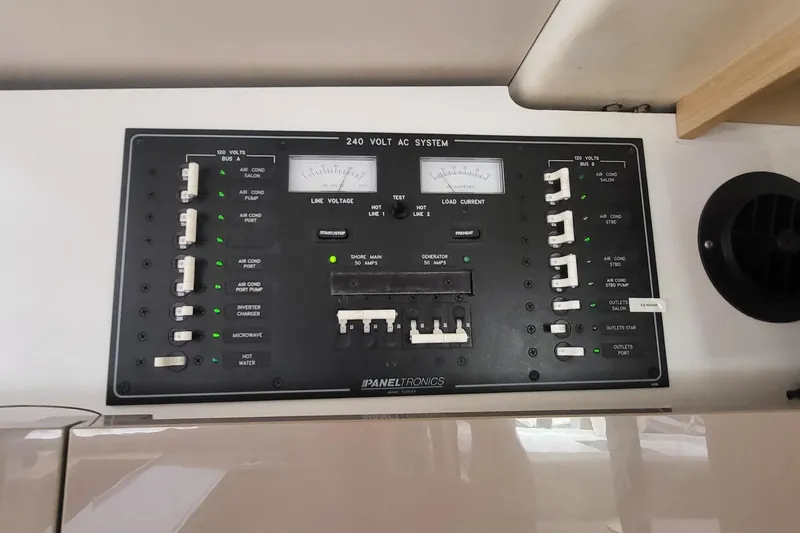 Knot On Call Yacht Photos Pics Electrical panel of 2018 Fountaine Pajot Helia 44 catamaran, 240V AC system.