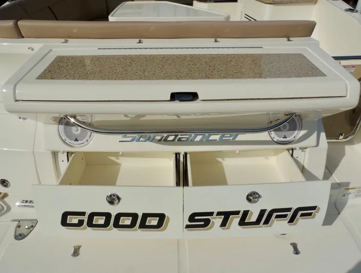  Yacht Photos Pics 2016 Sea Ray 350 Sundancer boat with Good Stuff text on the back.