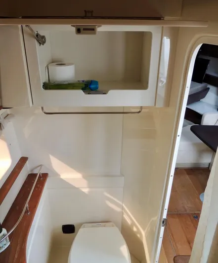  Yacht Photos Pics 2016 Sea Ray 350 Sundancer bathroom with toilet and storage cabinet.