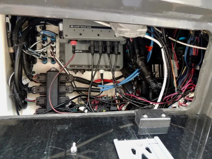  Yacht Photos Pics Electrical wiring and components inside a 2016 Sea Ray 350 Sundancer boat.