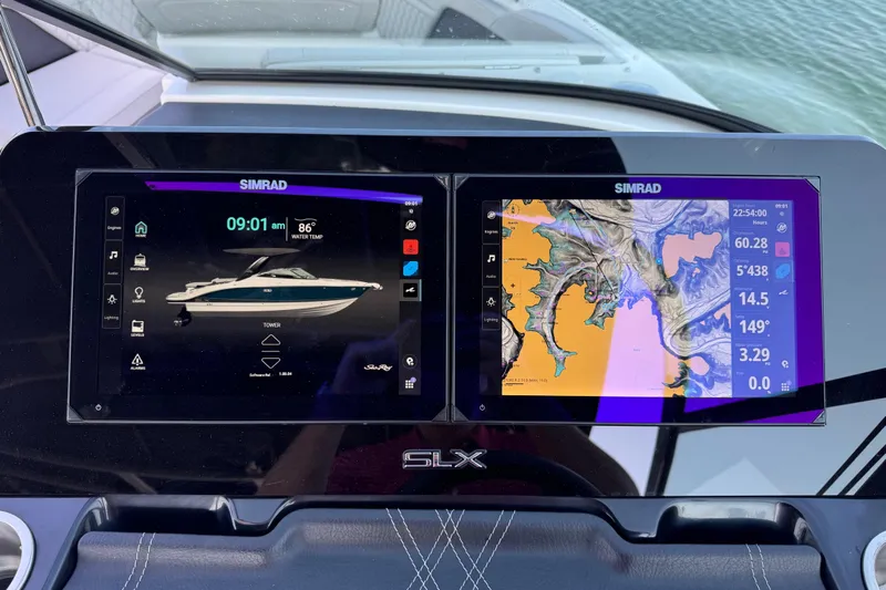  Yacht Photos Pics 2024 Sea Ray SLX 280 dashboard with dual Simrad displays showing navigation and boat controls.