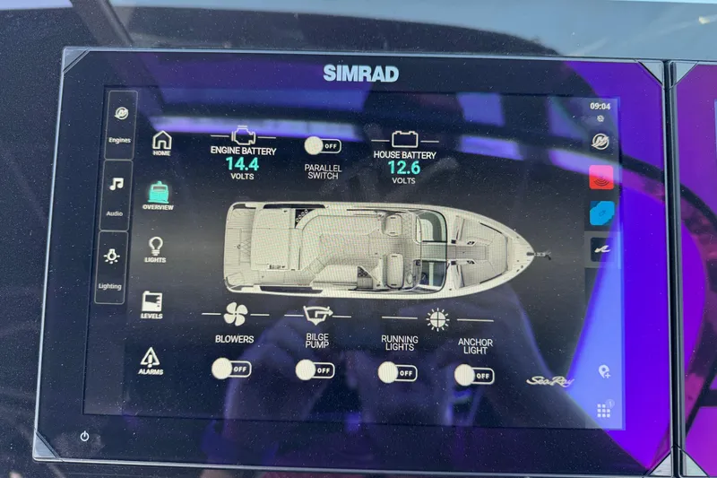  Yacht Photos Pics Simrad display on 2024 Sea Ray SLX 280 showing battery and system controls.