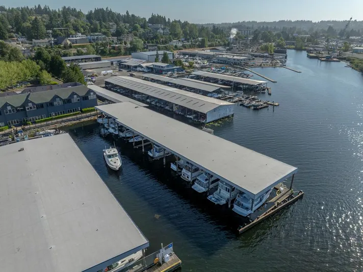  Yacht Photos Pics Aerial view of marina with covered docks, featuring a 2001 Tiara Sport 4000 EXPRESS boat.