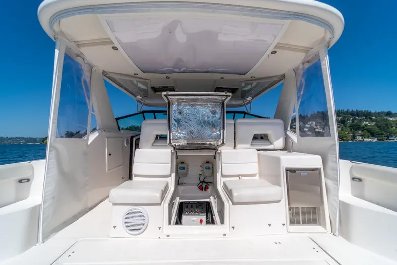  Yacht Photos Pics 2001 Tiara Sport 4000 EXPRESS boat interior with seating, open water view.