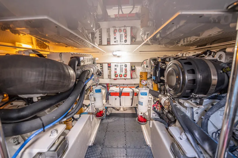 Manana Yacht Photos Pics Engine room of 2007 Egg Harbor 43 SportYacht, showcasing mechanical components and systems.