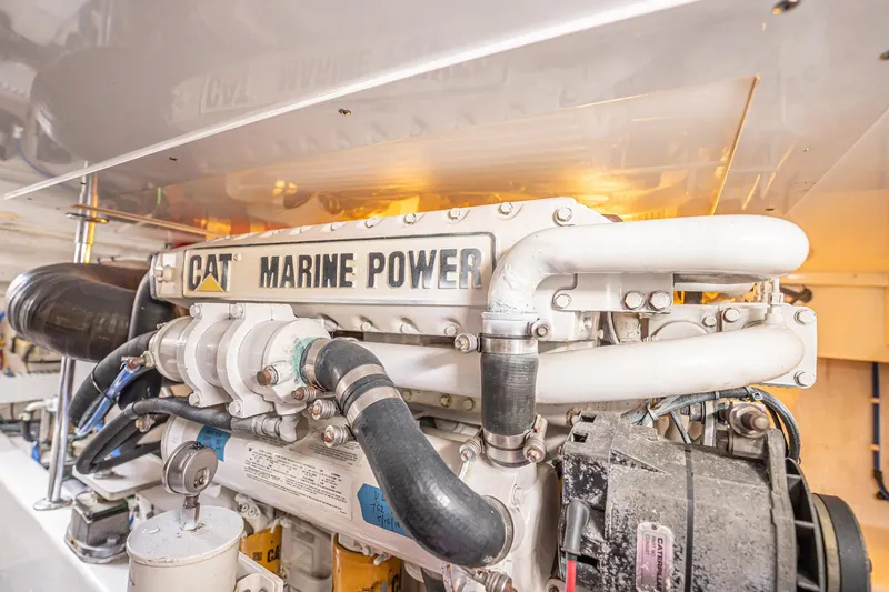 Manana Yacht Photos Pics Engine room of 2007 Egg Harbor 43 SportYacht with CAT Marine Power engine.
